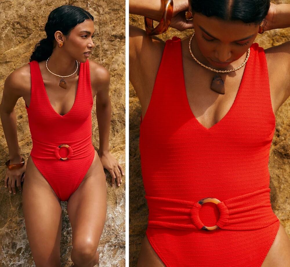 Montce Size L Kim Belted One-Piece Swimsuit Red Removable Belt Retail $218
